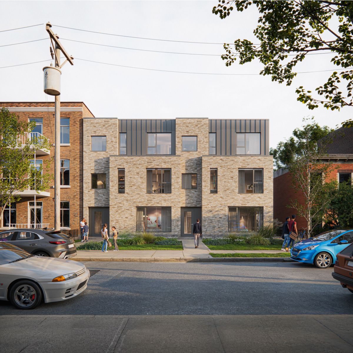 A 3D rendering  of a three storey sixplex  with a mix of brick and metal cladding, seamlessly fitting into the neighbourhood.